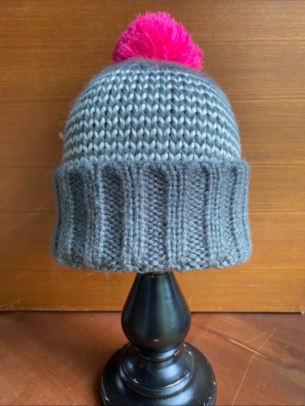 Grey Knit Beanie with Pink Pompom